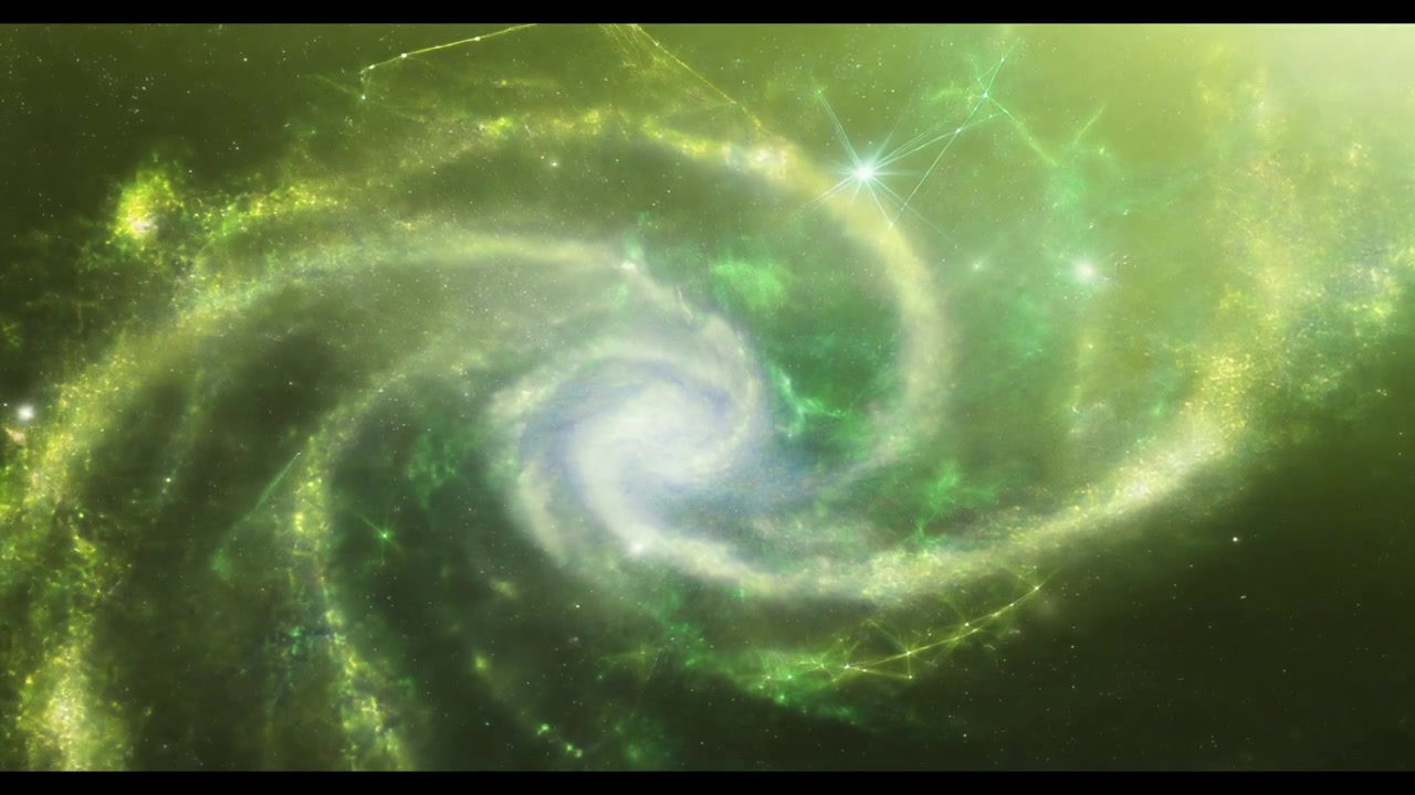 Galaxia espiral verde vibrante girando en el espacio profundo