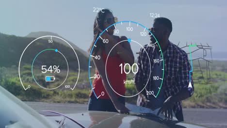 speedometer and battery level animation over people enjoying road trip