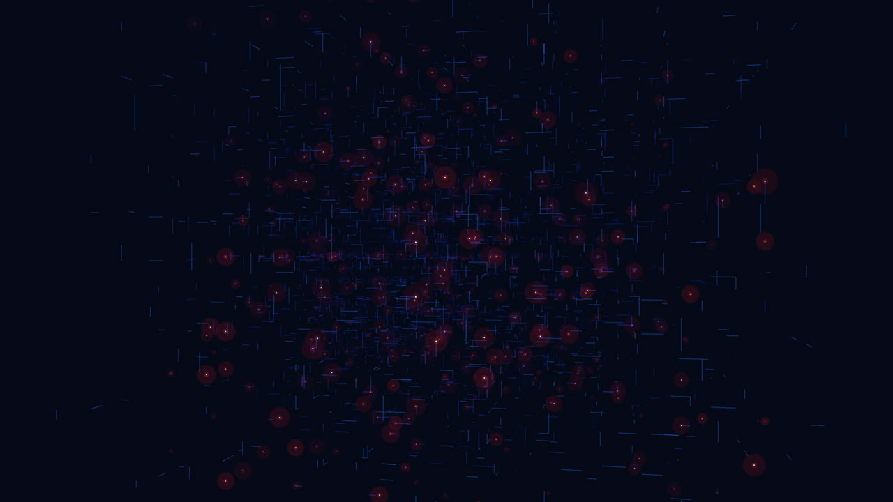 Bewegter futuristischer Matrix-Würfel mit blauem Gitter und roten Punkten in der Galaxie