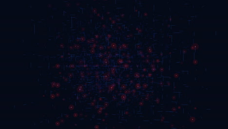cubo de matriz futurista en movimiento con cuadrícula azul y puntos rojos en la galaxia