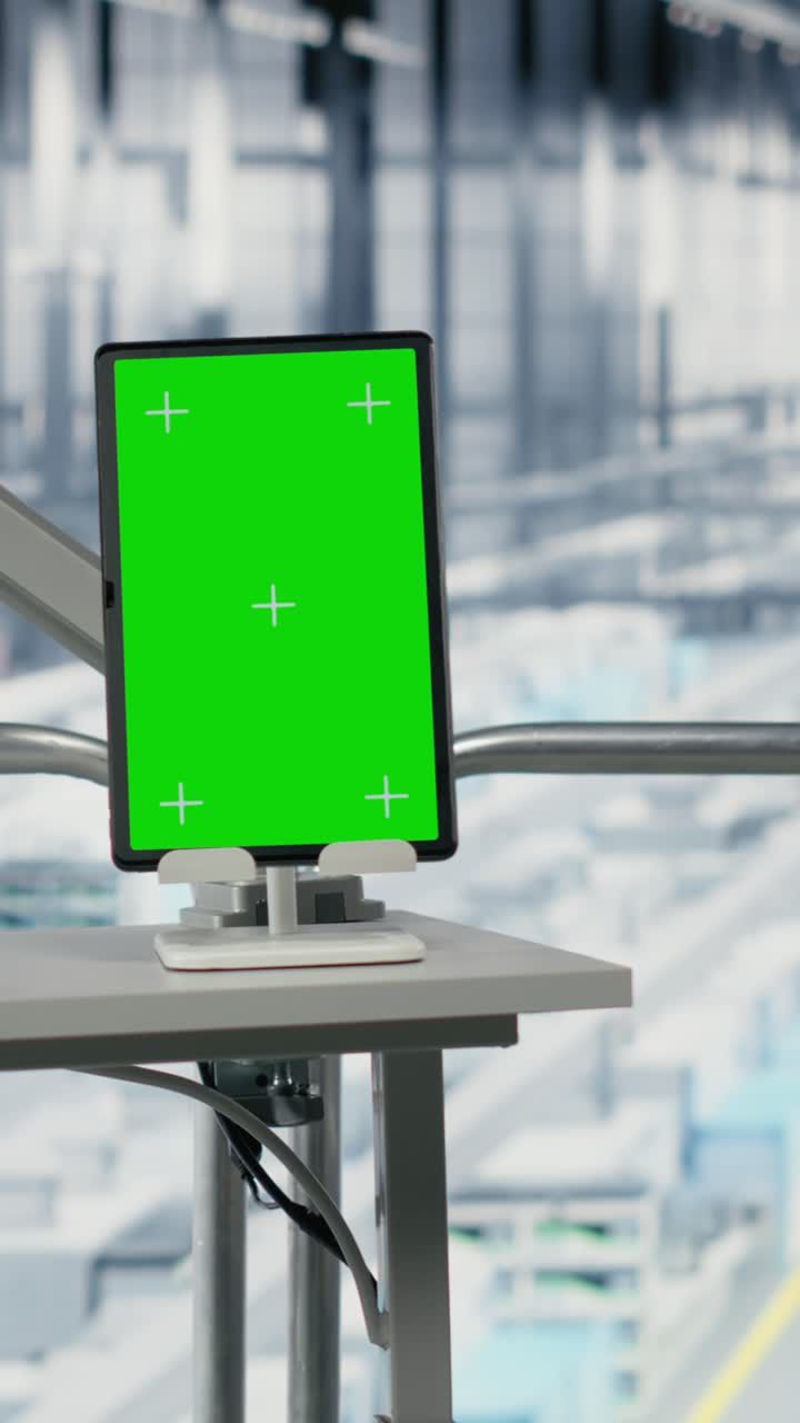 Vertical video Isolated screen tablet and AI used by microchip factory worker