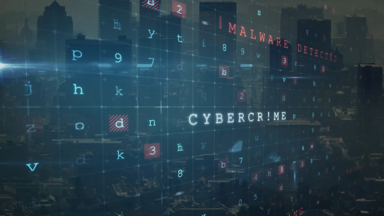3D render holographic warning overlay scanning city skyline highlighting malware detection grids