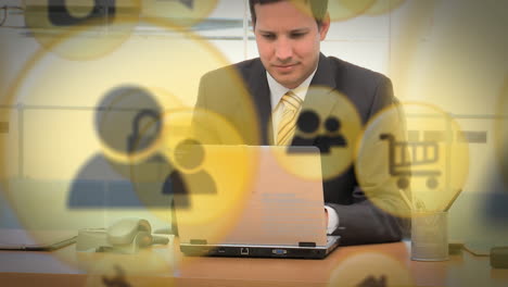 animation of digital online shopping icons over man using laptop computer
