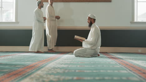 quran, islamic and man with faith in a mosque