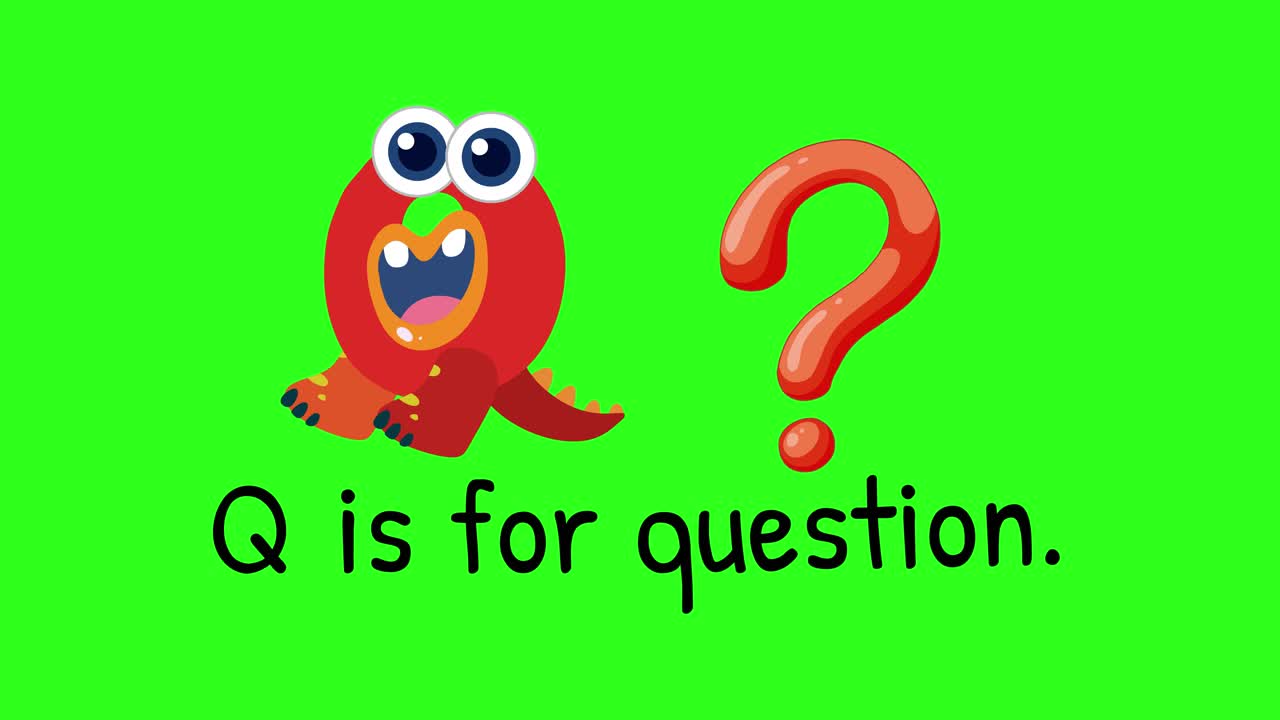 Bright animation with a red creature and question mark on green background, illustrating the letter Q