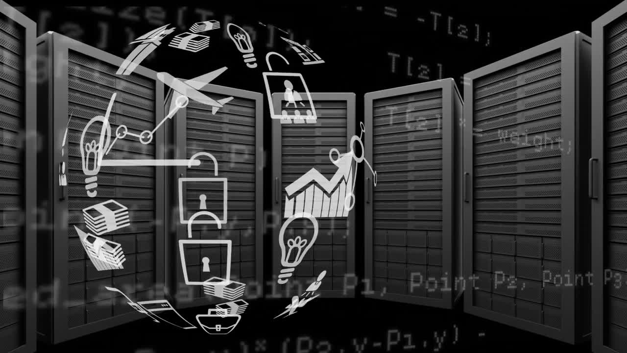 Animation of data processing and media icons over server room