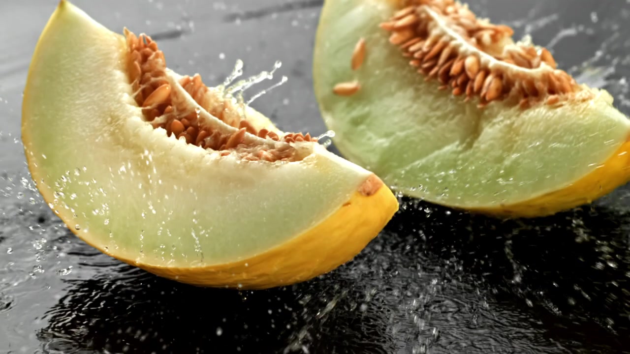 Fette di melone fresco che schizzano su una superficie scura bagnata al rallentatore