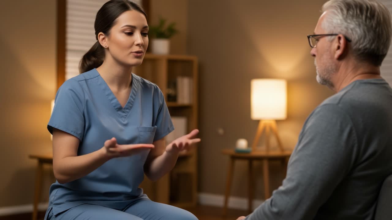 En omsorgsfuld interaktion: En omsorgsperson interagerer med en ældre person i et varmt og indbydende rum og fremmer tillid og forståelse gennem nonverbal kommunikation.
