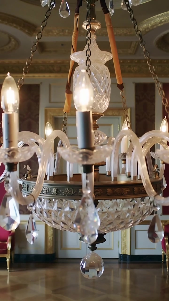 Video verticale: Telecamera in movimento che riprende un lampadario di cristallo in una sala dorata, evidenziandone i dettagli e i prismi.