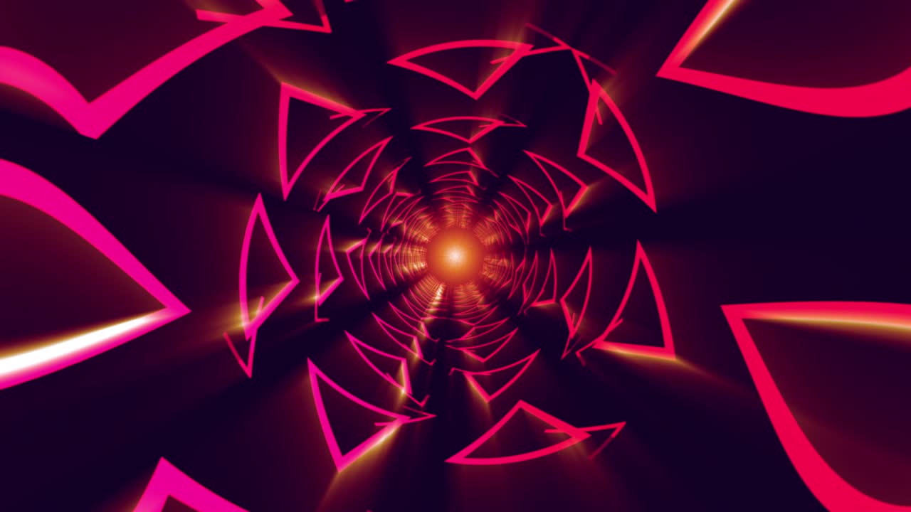 Abstract futuristic tunnel Triangle and Line Lighting moving red color on black, technology network digital data background concept design, animation on black background seamless looping .