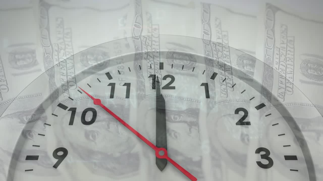Animation of clock ticking over american dollar bills