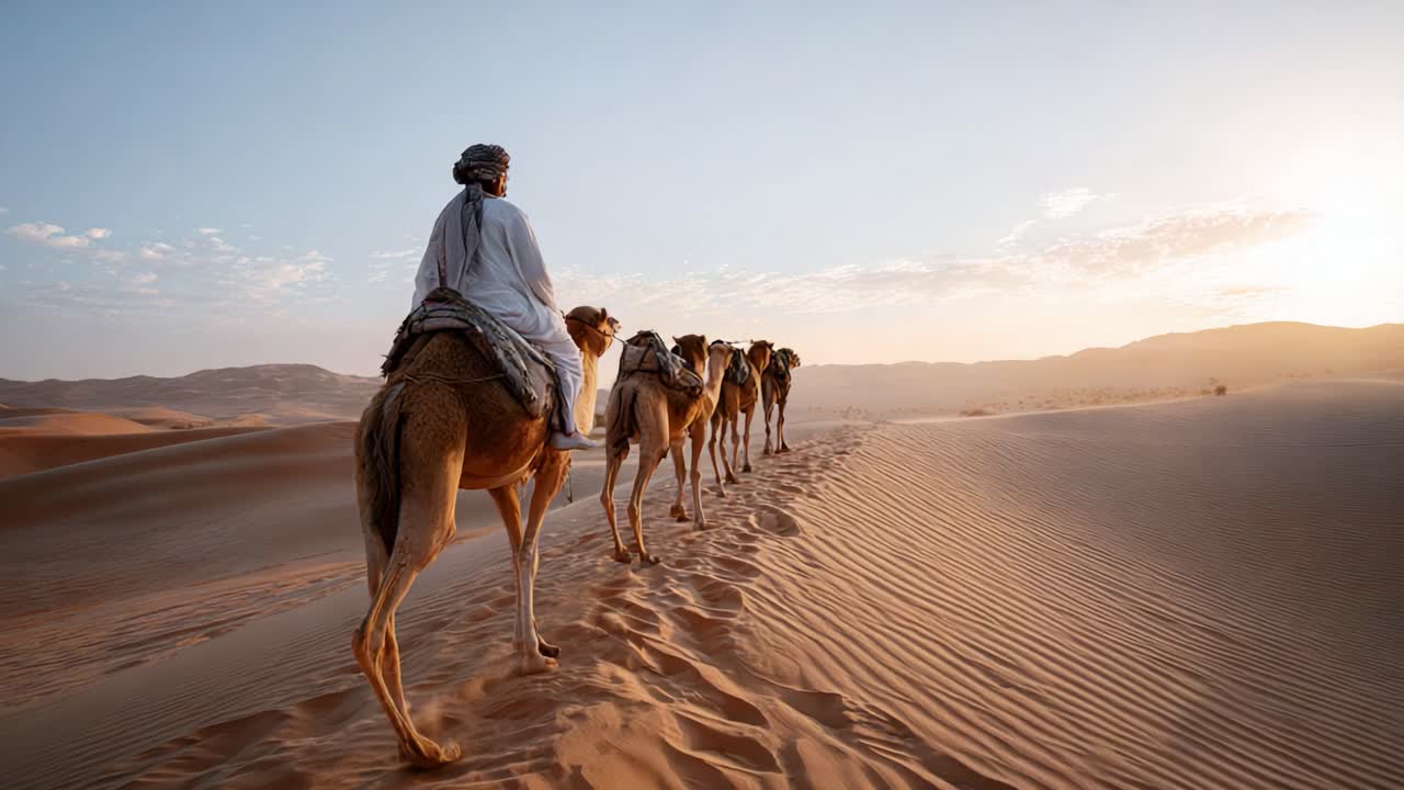 Un sereno viaggio attraverso il deserto: una fila di cammelli offre uno scorcio della vita nomade nelle sabbie dorate al tramonto, evocando sia avventura che tranquillità