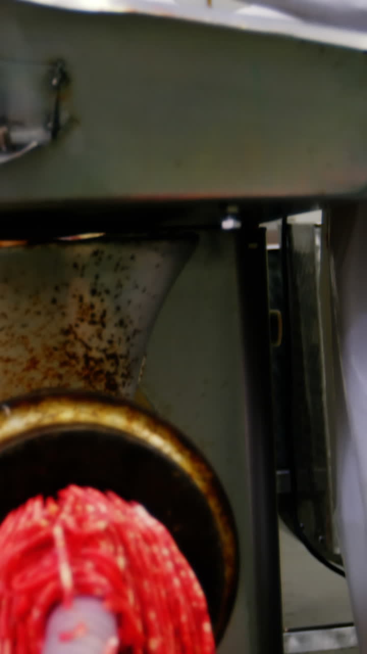 мясник кладет мясо в мясорубку