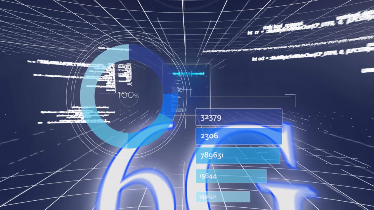 Animation of multiple screens with data processing over grid network against blue background