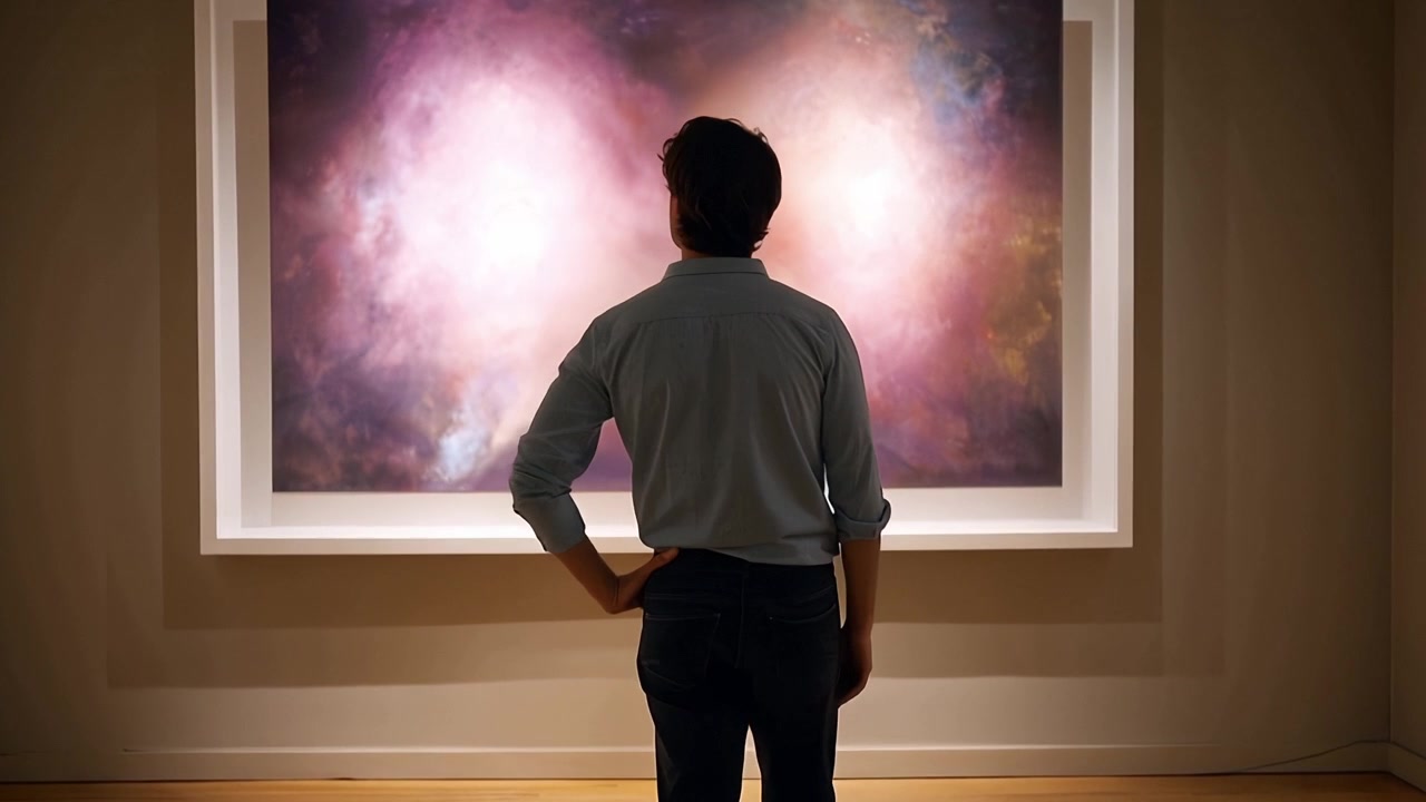 Uomo che osserva un dipinto astratto in una galleria d'arte