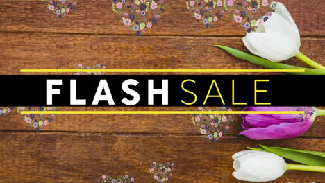 flash sale text banner over floral designs in heart shape floating and daisies on wooden surface
