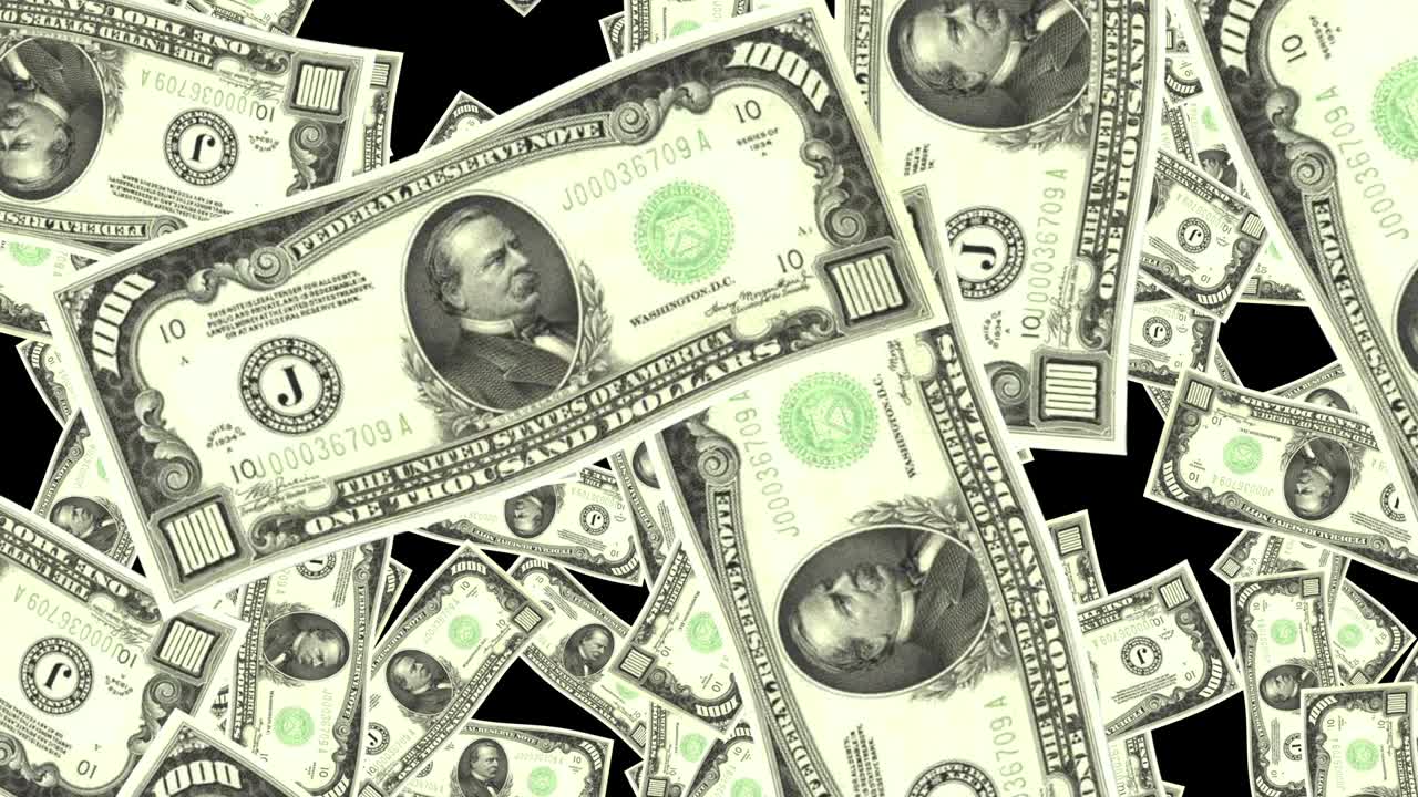 4k Faldende 1000 dollars på sort skærm animation sømløs loop