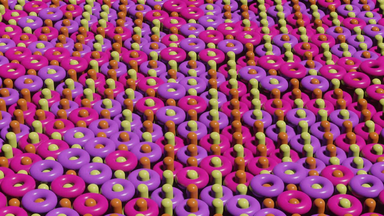 escena de renderización 3d abstracta con toros y cilindros multicolores animados. bucle sin costuras gráfico de movimiento moderno y satisfactorio