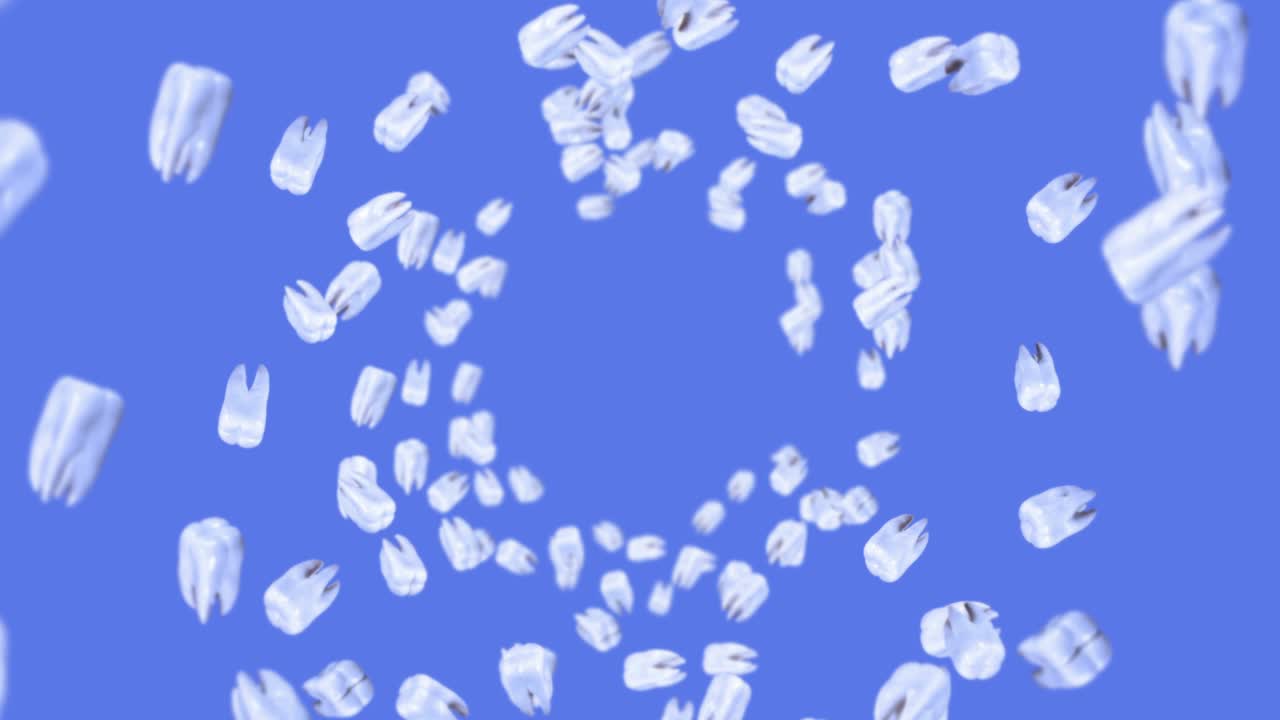 파란색 바탕에 많은  이빨을 날아. 치과 관리 개념. 치아 회전의 3d 애니메이션. 루프 애니메이션.