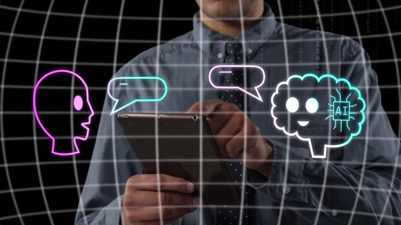 animación de íconos de procesamiento de datos ai a través de la cuadrícula empresario caucásico que utiliza tableta