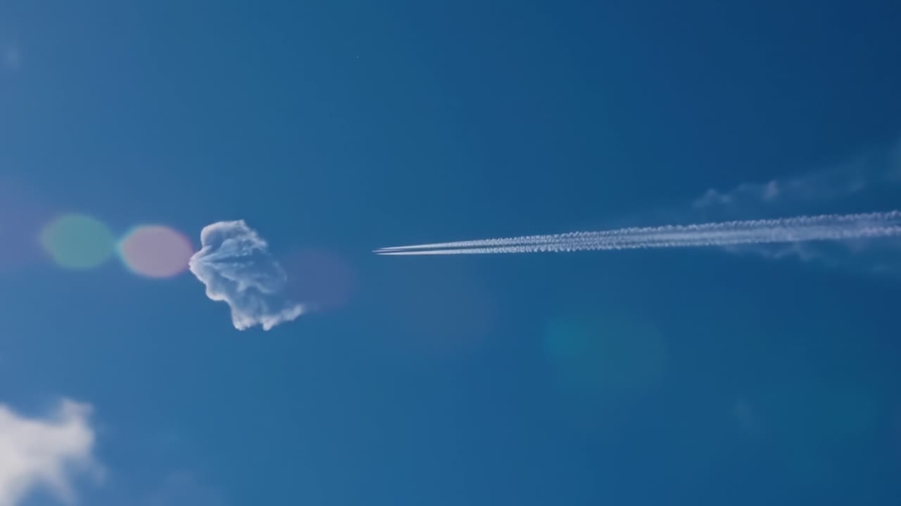 A Stunning Visual of Airplane Contrails Creating Intricate Shapes Against a Bright Blue Sky Filled with Ethereal Clouds - Captivating Capture of Atmospheric Beauty