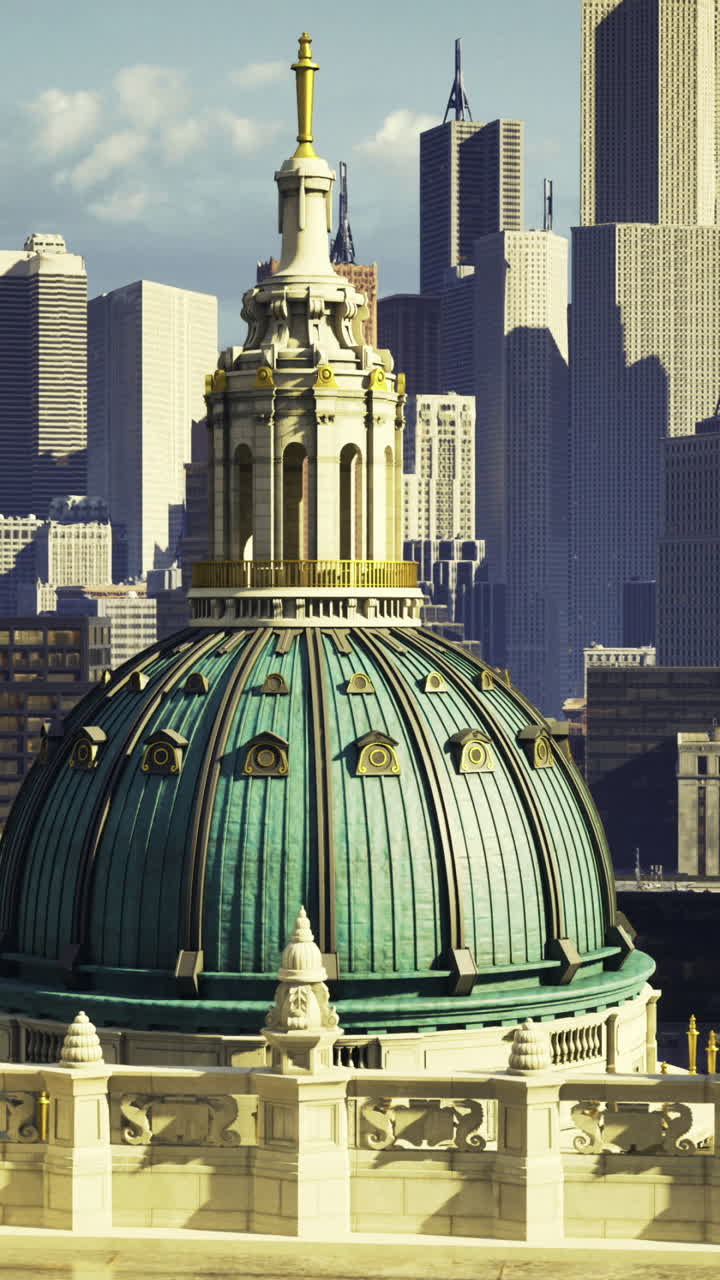 City skyline with dome structure under clear blue sky during daylight