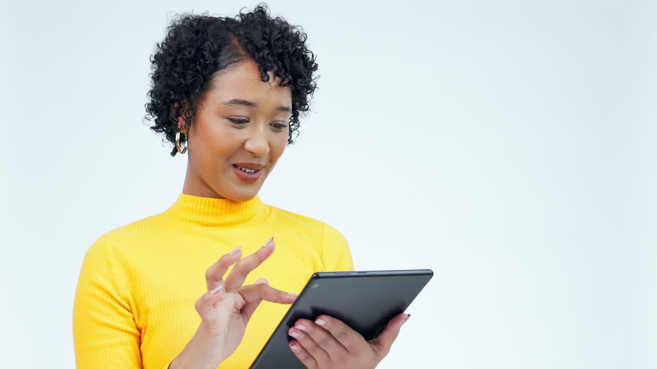 Tablet, smile and social media with a woman