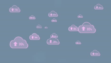animación de números cambiantes y flecha en nubes sobre múltiples gráficos en fondo azul
