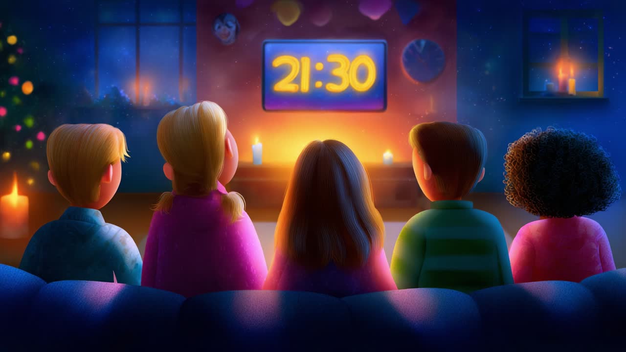 A Cozy Family Evening Where Four Friends Enjoy a Magical Movie Night Together as the Clock Strikes 21:30, With Warm Candles Lighting Up Their Living Room Full of Laughter and Joy