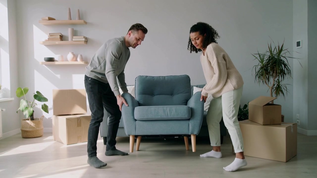 Casal de suéteres desempacotando caixas, levantando uma poltrona azul-claro em casa, colocando a cadeira perto da janela.