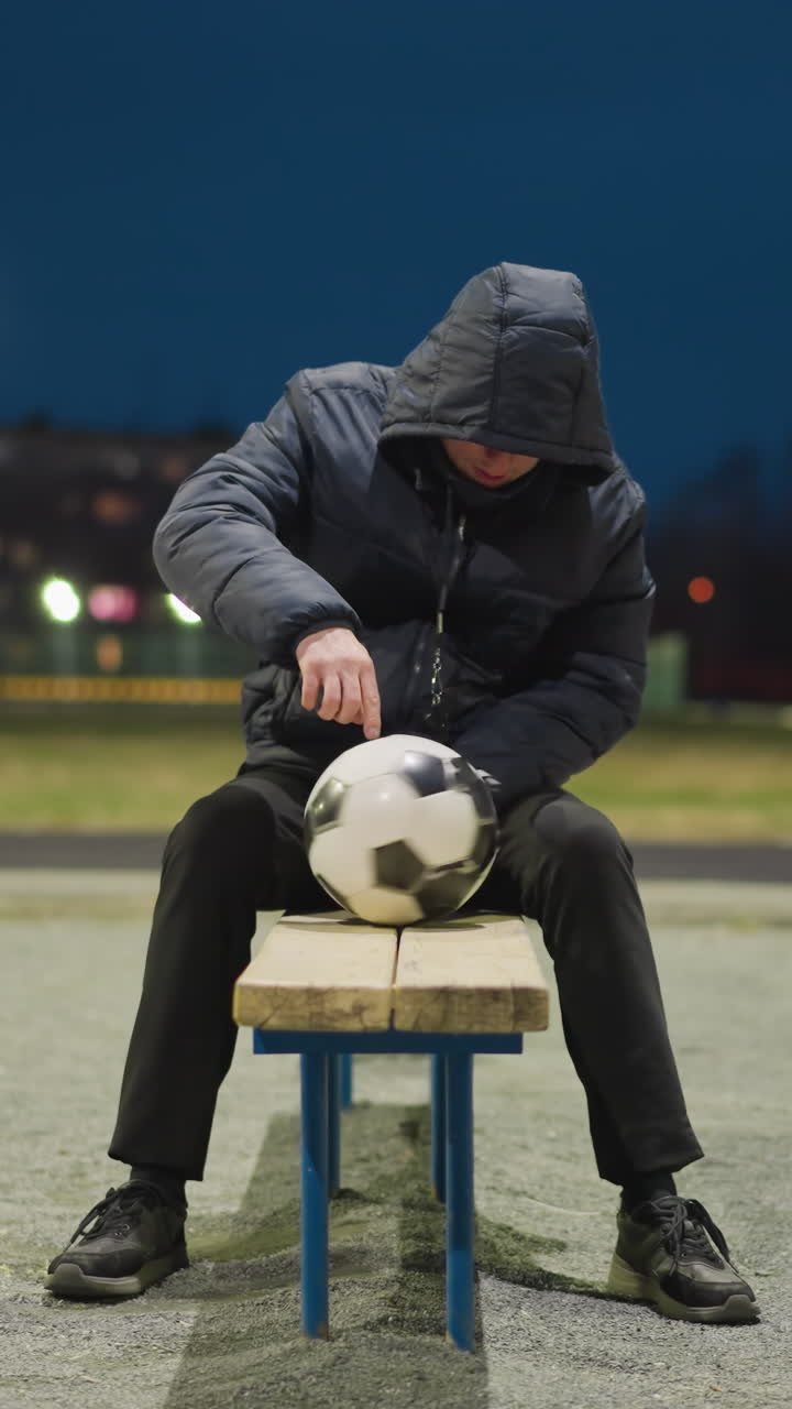A man is seated on a bench at night, thoughtfully rotating a soccer ball between his legs, with blurred lights and goalposts in the background