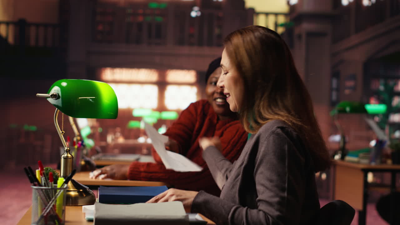 Two women working together in a library