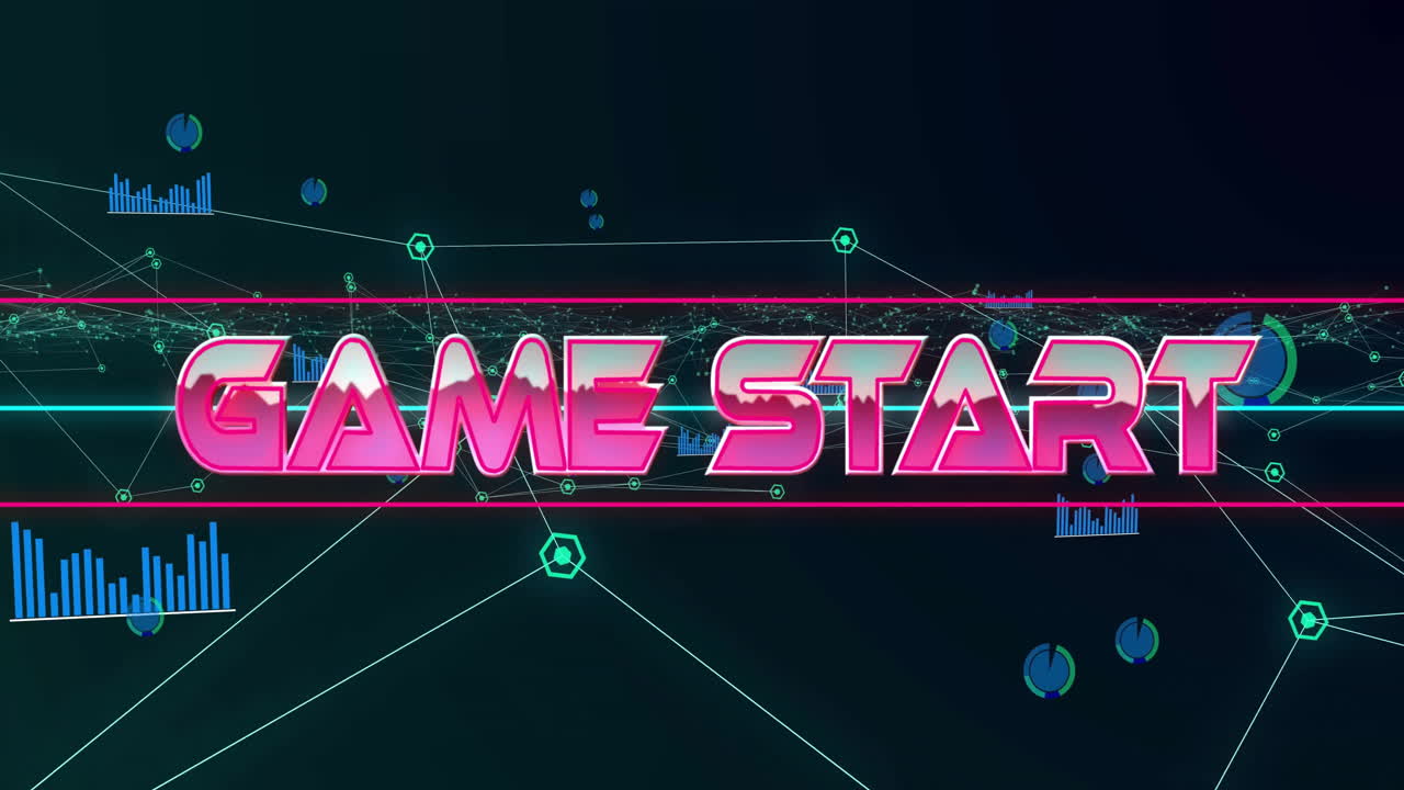 Game Start animation with neon colors over digital network and data graphics