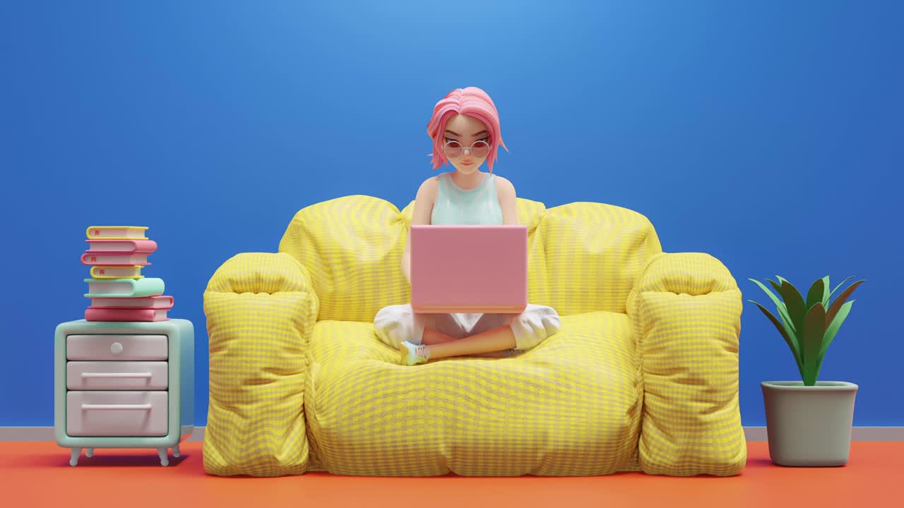 joven feliz sentada en el sofá amarillo. emocionada estudiando aprendiendo e investigando información de la computadora. la computadora portátil rosa se coloca en el regazo.