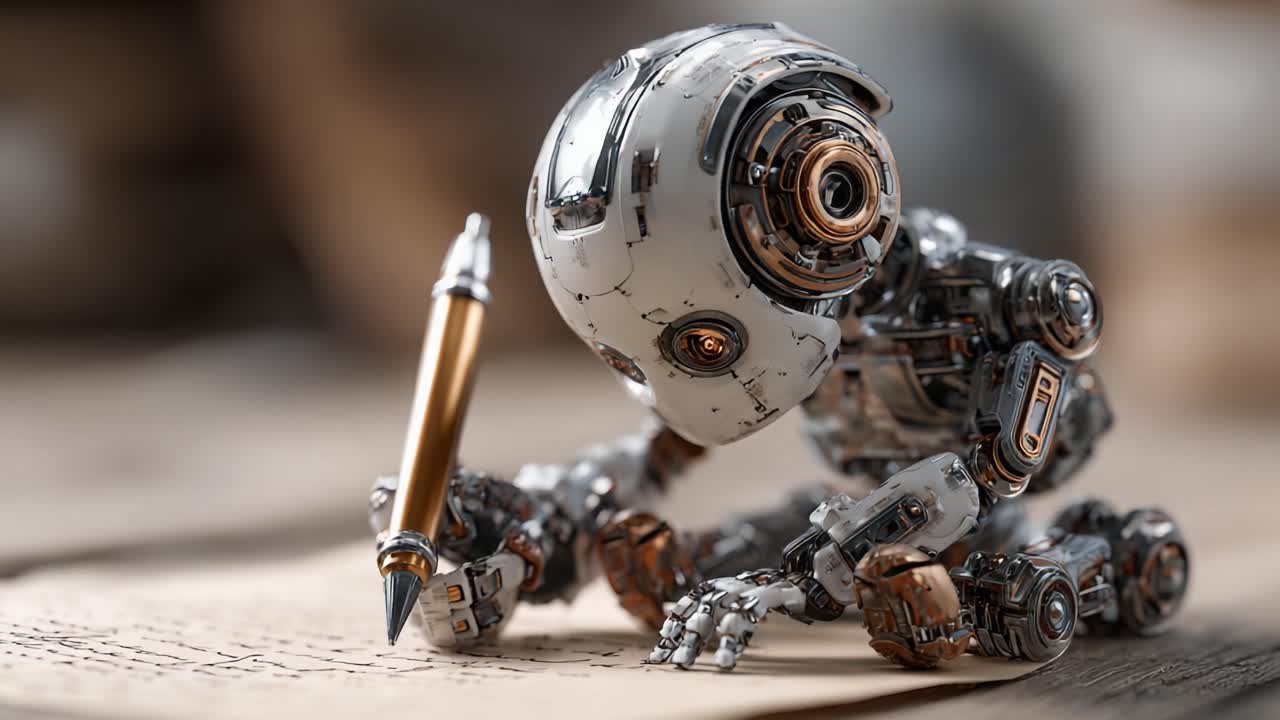 Un'esplorazione riflessiva nel mondo della robotica: robot artistico intento a scrivere su carta con una penna, fondendo creatività e tecnologia in uno scenario futuristico.