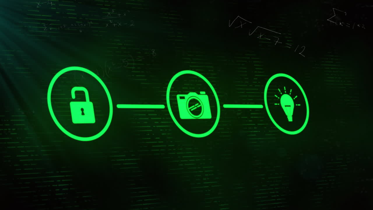 검은색에 수학적 방정식 위에 락과 미디어 아이콘의 네트워크의 애니메이션