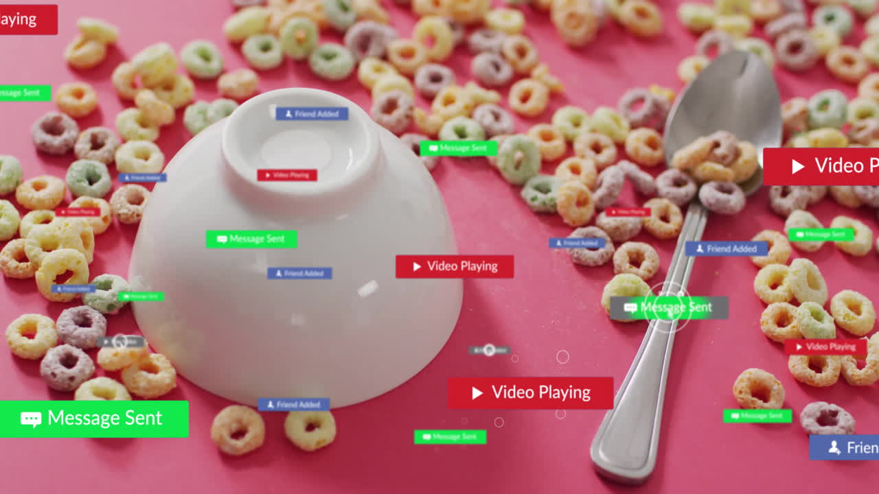 Colorful cereal in bowl with animation of digital notifications in kitchen
