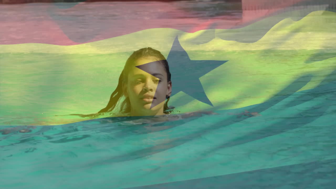 Swimming in pool with Ghana flag animation overlay, person enjoying water activity