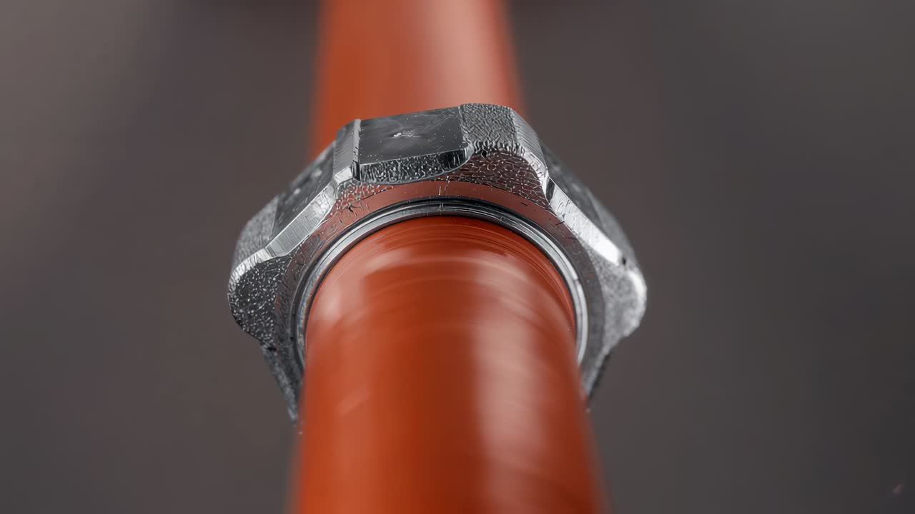 Sliding red-orange pipe forward through hex nut in studio after operator push, revealing washer