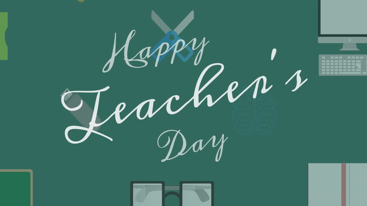 Animação de texto "Feliz Dia dos Professores" sobre ícones de itens escolares