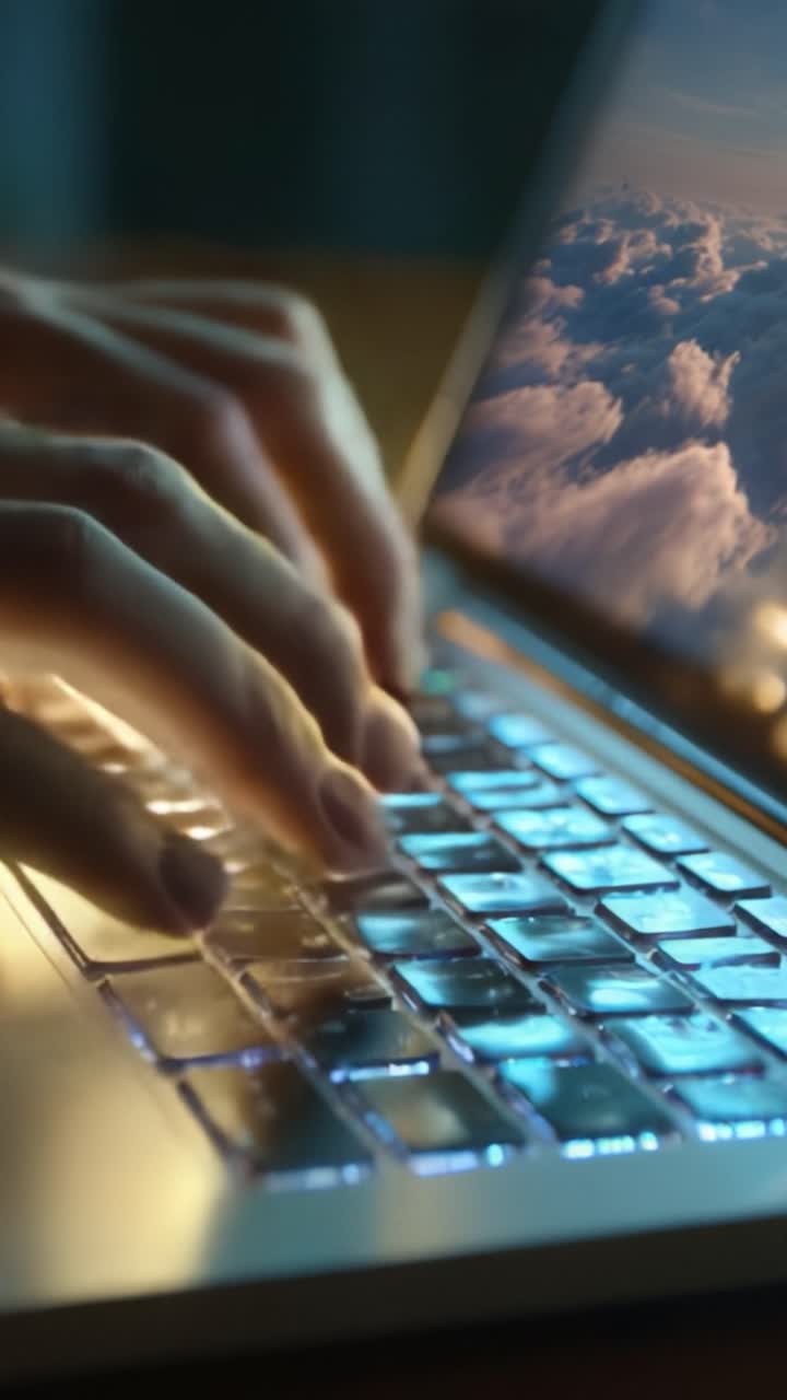 Un primo piano delle mani di una persona che digita su una tastiera di portatile con un bellissimo paesaggio nuvoloso visualizzato sullo schermo, che illumina l'ambiente circostante