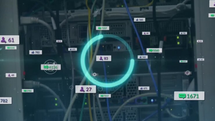 Animation of loading ring over media icons and server room