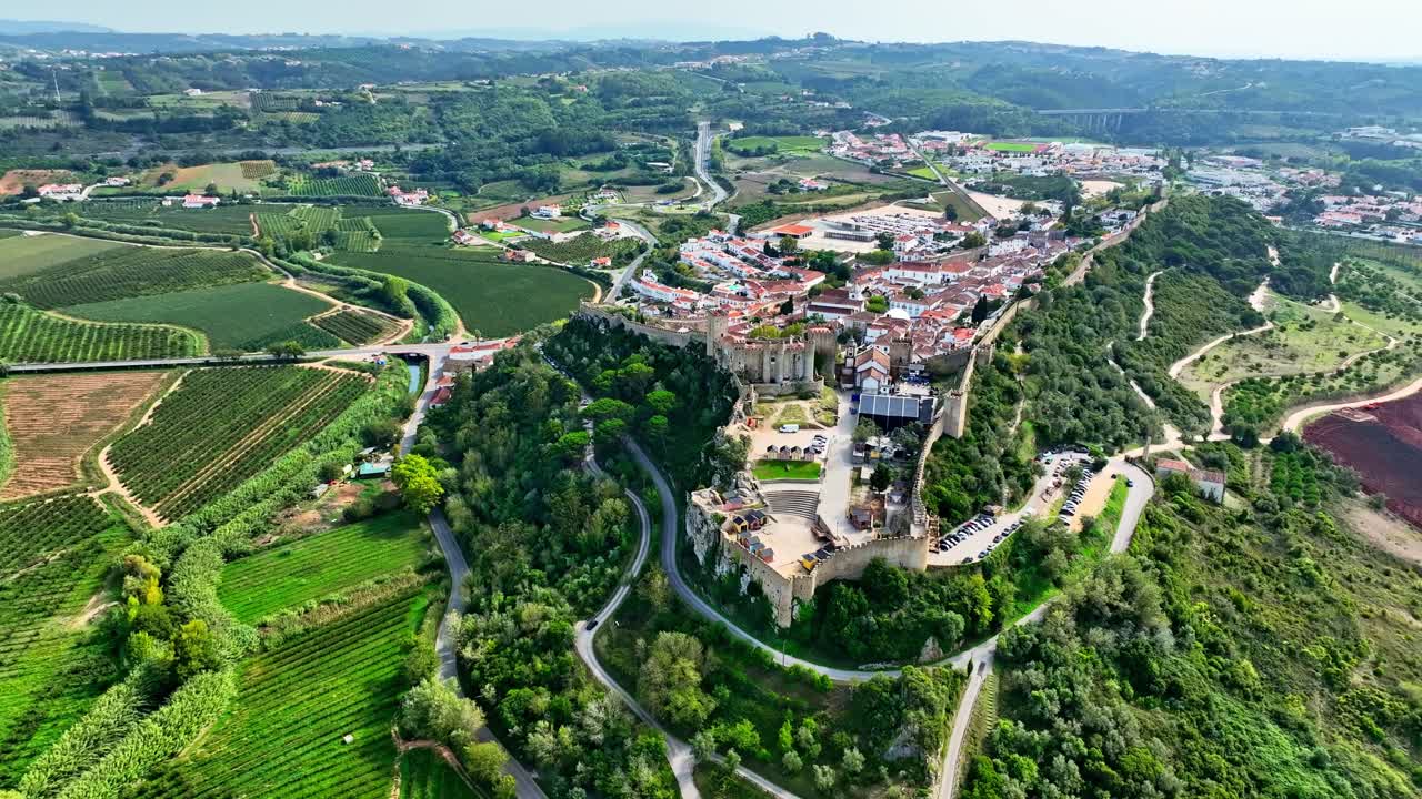 Drone shot of Obidos Castle in Portugal.