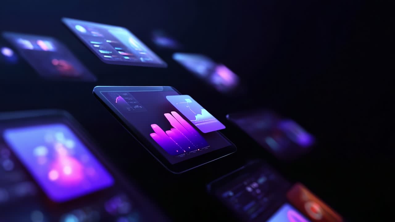 An Artistic Representation of Floating Digital Devices Showcasing Interactive Data Visualizations and Beautiful Graphs in a Dark, Futuristic Environment, Merging Technology and Design Elegance