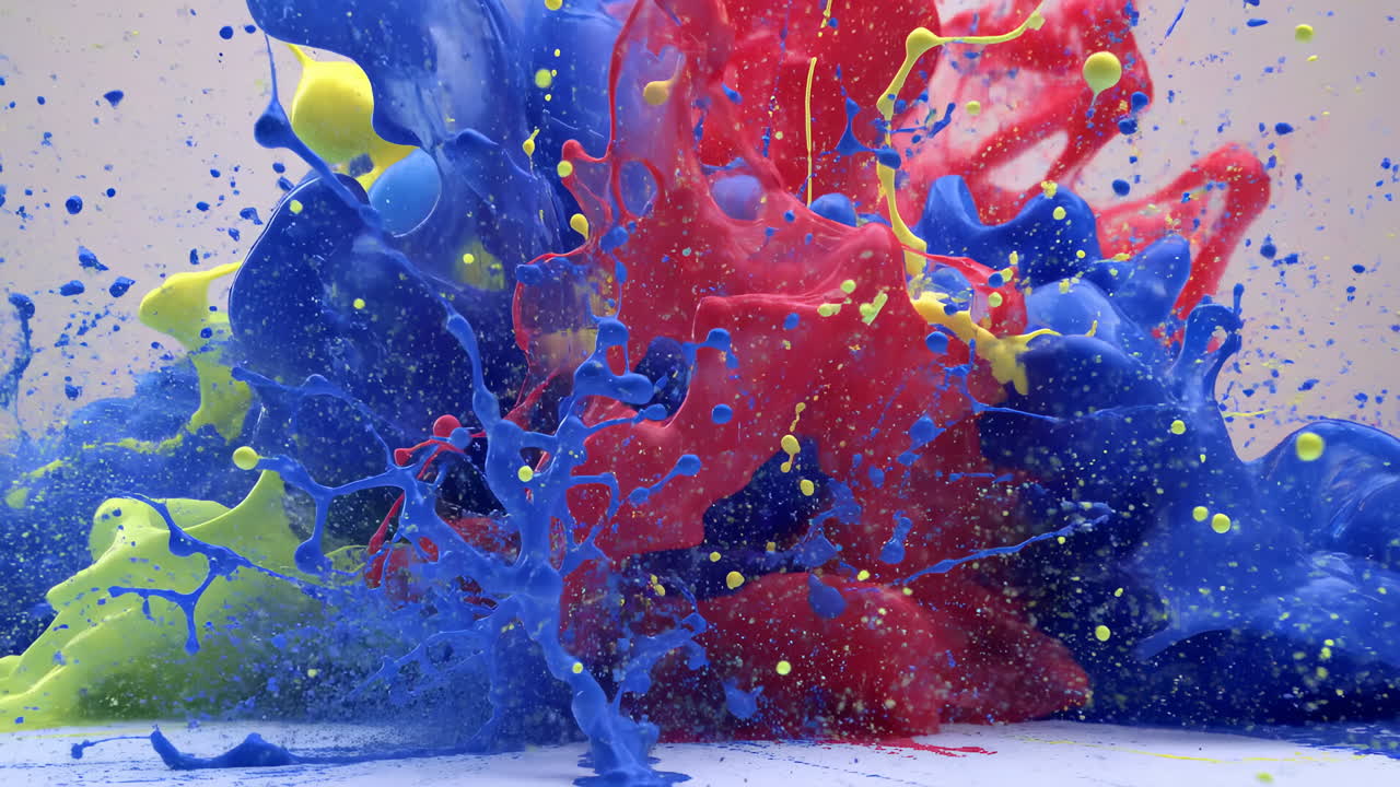 Pintura vibrante roja, azul y amarilla salpicando a cámara lenta.