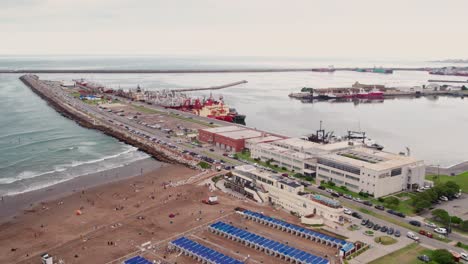 aerial of north breakwater harbor full of boats in mar del plata, argentina