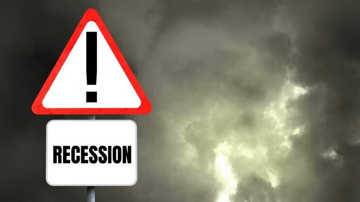 Word Recession on a triangle road sign and lightning during thunderstorm in the background