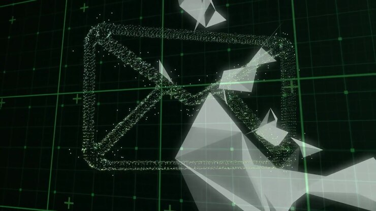 Animation of plexus networks and message icon over grid network against black background