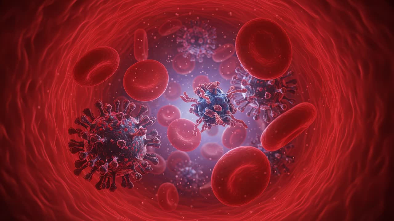 Exploring the Microcosm: Breathtaking Visual of Virus Interactions Within Bloodstream, Highlighting Cellular Dynamics and Immune Responses in Action