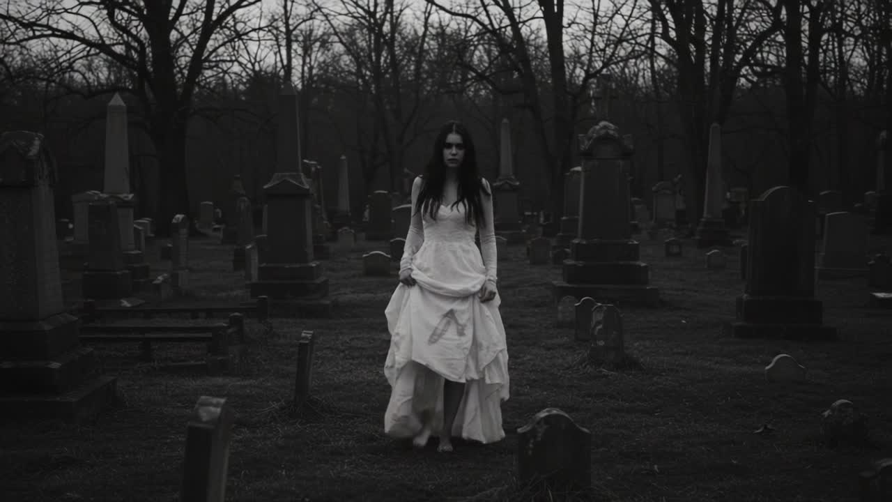 A Haunting Presence in a Desolate Graveyard: A Mysterious Figure in White Walks Among Tombstones, Evoking Themes of Loss and the Supernatural in a Dark Atmosphere